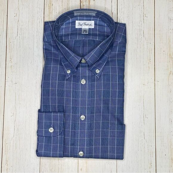 Paul Fredrick Plaid Easy Care 100% Cotton Dobby Dress Shirt - Size 16 - 32 - Picture 1 of 2